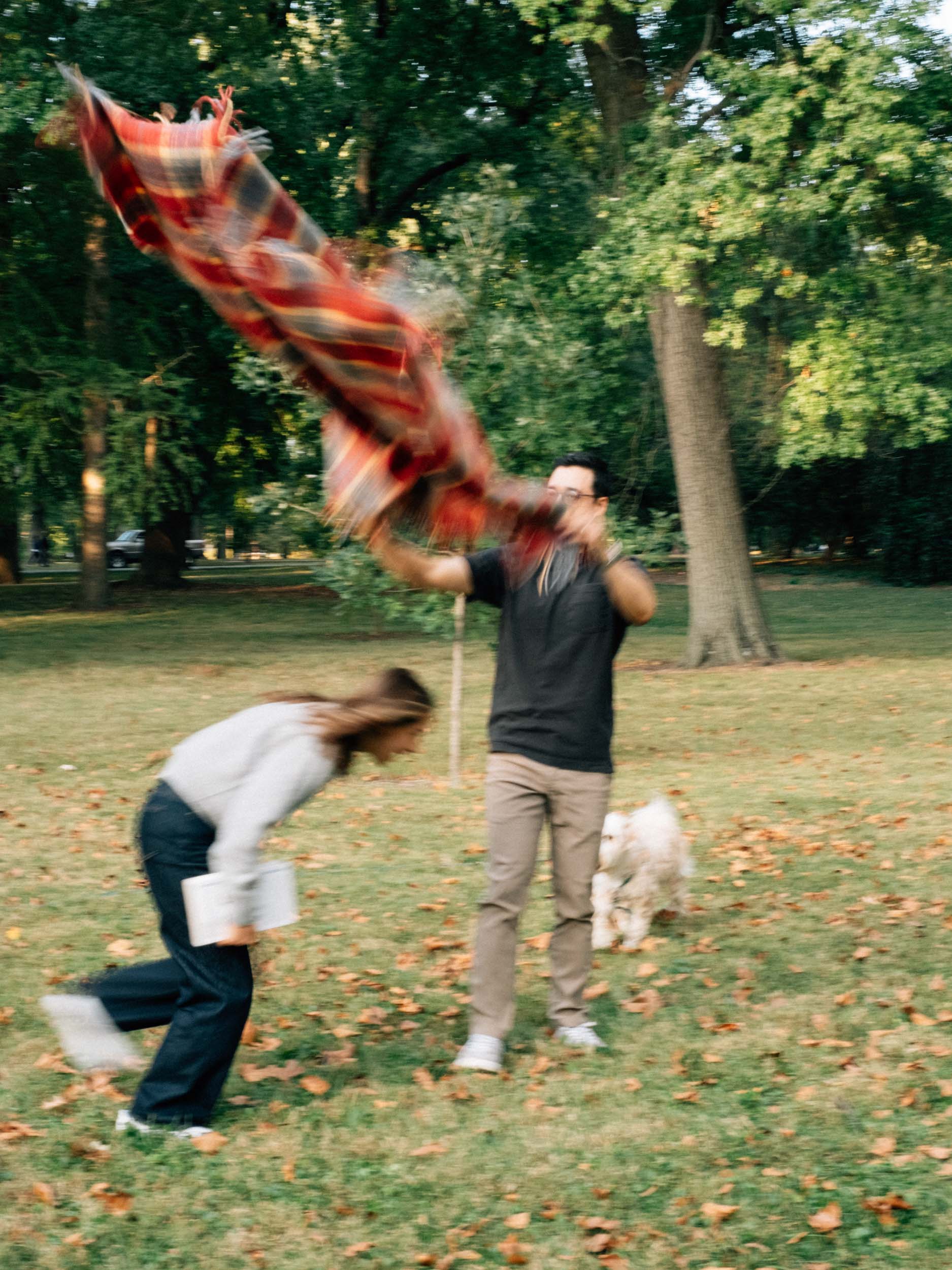A couple playing with their dog and a blanket in Tower Grove Park, in Saint Louis, Missouri, with a motion blur style.